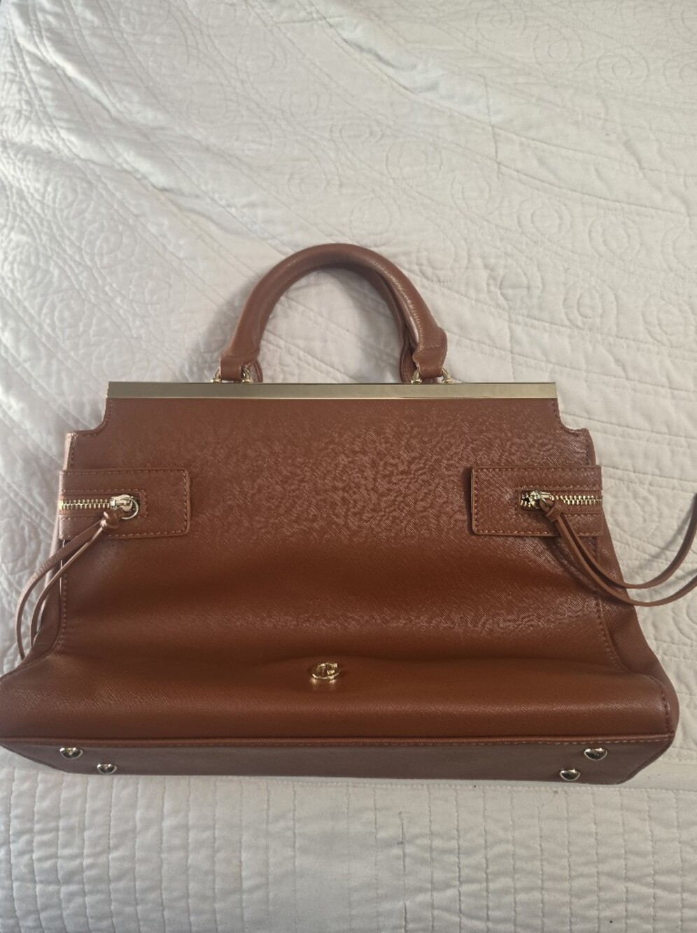 G by Guess Cognac Leather Satchel with Gold Accents